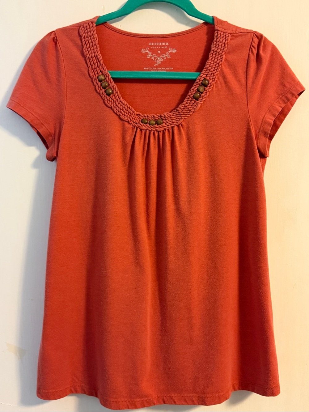 Sonoma Women's Short Sleeve Scoop Neck Orange Top w/ Decorative Neckline